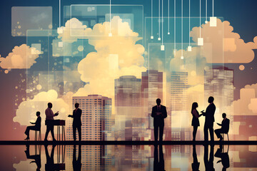 Businesspersons with clouds. Cloud data storage, cloud computing concept. AI generated