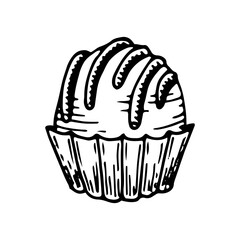 Chocolate sweets sketch. Confectionery food, candy, truffle. Delicious dessert. Candies with sprinkles. Yummy. Cocoa bean product. Hand drawn vector doodle illustration.