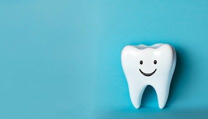 happy tooth on light blue background
