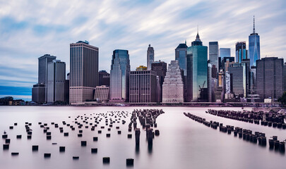 dramatic scenery of lower manhattan skyline in the evening on a cloudy day, longterm exposure