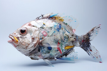 Animals, wildlife, environmental protection concept. Fish made from various colorful plastic waste like symbol of oceans, seas, rivers and lakes pollution. Generative AI