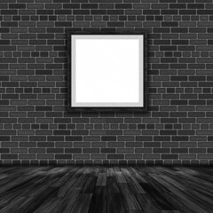 3D render of a blank picture frame hanging on a brick wall