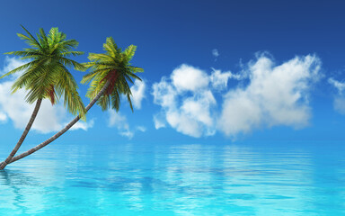 Fototapeta na wymiar 3D render of a tropical landscape with palm trees and blue sea