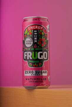 Mansfield,Nottingham,United Kingdom, 22nd June 2023:Studio product image of a can of Frugo energy drink,Frugo owned by FoodCare Poland.