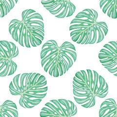 Summer watercolor seamless pattern with green tropical leaves