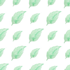 Summer floral watercolor seamless pattern with green leaves on a white background