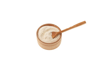 Food additive E415. Texture improver. Xanthan Gum Powder in bowl on white background. Stabiliser...
