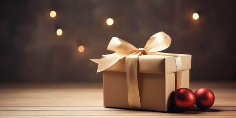 Festive Christmas background with golden gift box. Generative AI.