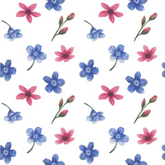 Seamless floral pattern of beautiful little blue forget-me-not flowers isolated on white background. Hand drawn watercolor illustration.