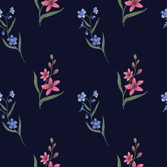 Obraz na płótnie Canvas Seamless floral pattern of beautiful little blue forget-me-not flowers isolated on white background. Hand drawn watercolor illustration.