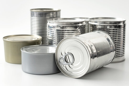 Full View of Stacked Silver Cans: Concept for Old-fashioned Food Storage, Emergency Meal Preparation, and Recycling Aluminium Packaging