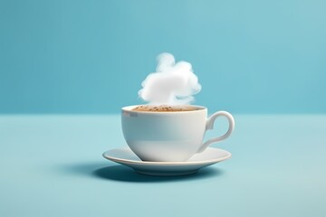 A coffee cup with a cloud floating above it, in the style of light cyan