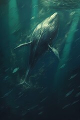 Fototapeta premium A whale is swimming beneath water in a dark background