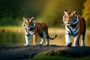 Fototapeta na wymiar bengal tiger walking in the water generated ai