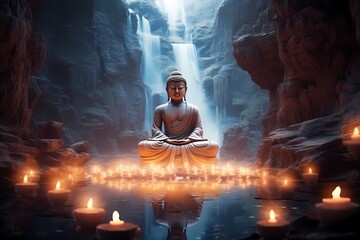 Buddha in the middle of an open cave lit by candles - obrazy, fototapety, plakaty
