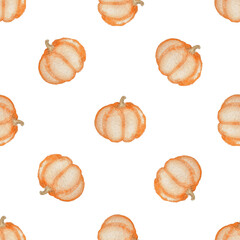 Watercolor seamless pattern with orange ripe pumpkin on a white background