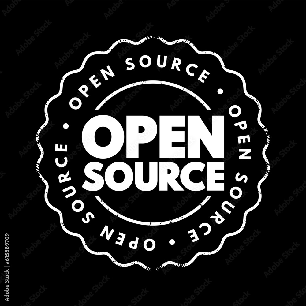 Poster Open Source is source code that is made freely available for possible modification and redistribution, text concept stamp