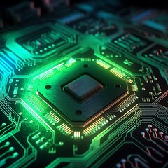 Circuit board with processor, close-up ai generated