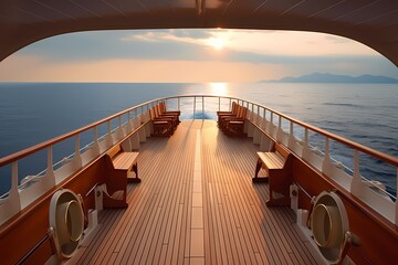 Open view of a boat deck and the ocean, in the style of photorealistic landscapes, streamline elegance