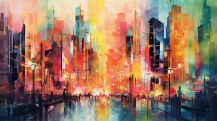 Fototapeta na wymiar Watercolor of vibrant city streets pulsate with energy, a tapestry of colors and sounds that ignite the senses. Generative AI