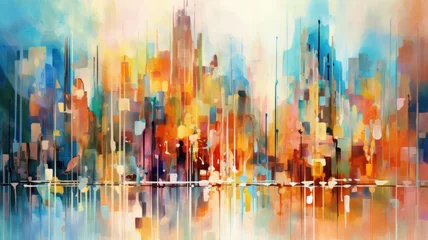Fototapete Aquarellmalerei Wolkenkratzer Watercolor of vibrant city streets pulsate with energy, a tapestry of colors and sounds that ignite the senses. Generative AI