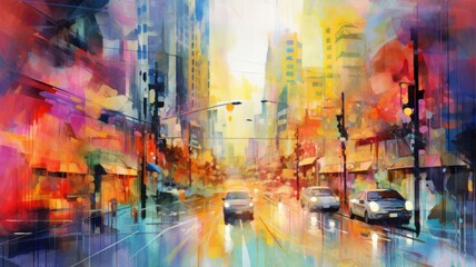 Obraz na płótnie Canvas Watercolor of vibrant city streets pulsate with energy, a tapestry of colors and sounds that ignite the senses. Generative AI
