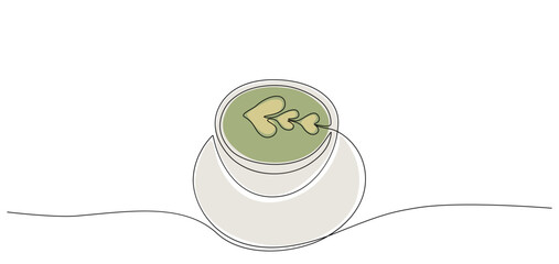 Green matcha cup one line drawing. Top view of matcha latte with heart shaped art, cafe shop concept. Modern vector illustration