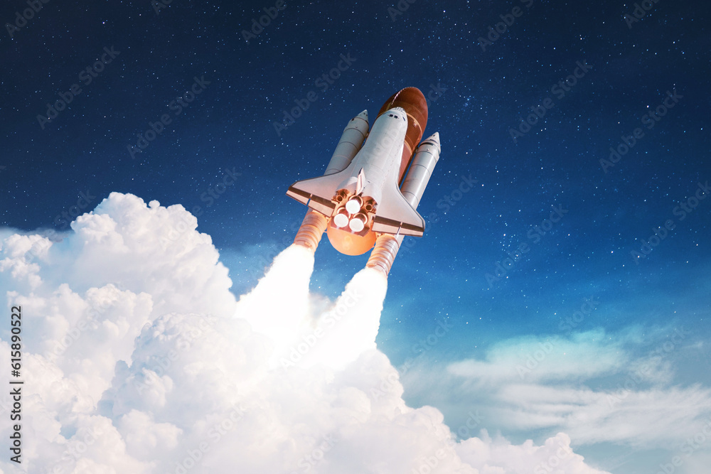Poster New Rocket flies to another planet. Spaceship takes off into the starry sky. Rocket starts into space. Concept. Spaceship shuttle lift off through the clouds.