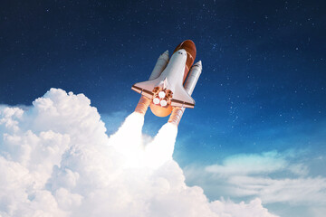 New Rocket flies to another planet. Spaceship takes off into the starry sky. Rocket starts into...