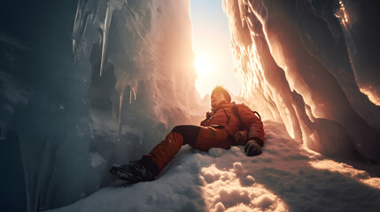 Man mountaineer falling ill with hypothermia on snow frozen cave winter. Concept death of tourists in mountains, avalanche accident. Generation AI