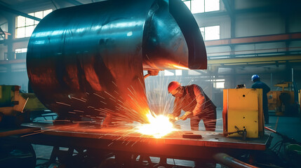 Industry iron factory banner. Worker welder with protective mask welding metal, light spark hot metal. Generation AI