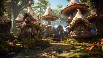 Mushroom houses, a fabulous magical forest village of fairies and gnomes. Fantasy illustration. Generative AI