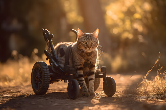 Handicapped cat in wheelchair at park, pet disabled walk in summer day. Generation AI