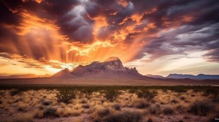 Texas desert, devoid of any vegetation. Above, a striking sky filled with dramatic clouds adds to the atmosphere. In the backdrop, majestic mountains. Created with Generative AI. 