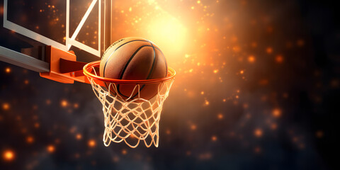 Banner sports tournament Basketball, ball on dark background court, copy space. Generation AI