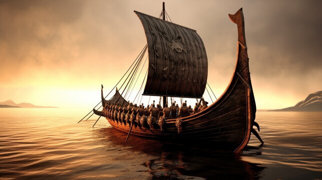A Viking longship known as a "drakkar.". Created with Generative AI.