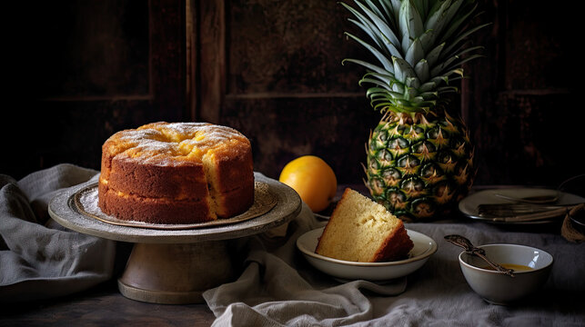 a pineapple cake on a plate next to a bowl of lemons and a piece of pineapple in the background