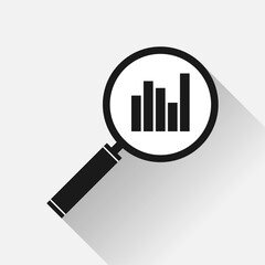 Magnifying glass black icon in simple flat style. Search loupe on white background. Business analytic illustration. Vector design object for you project 