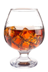 Brandy with ice in goblet, isolated on white background.