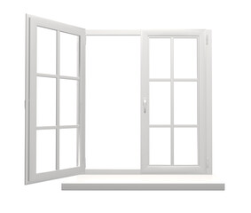 Window frame with one open and one closed flap. Isolated on white background. 3d render