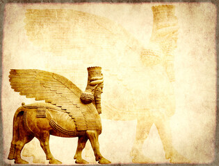 Grunge background with paper texture and lamassu - human-headed winged bull statue, Assyrian protective deity