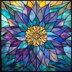 Blue Floral Stained Glass Artwork. Generativ AI. 