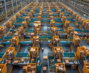 Large warehouse with robots working in it