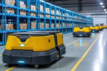 Large warehouse with robots working in it
