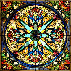 Amber Blossom Stained Glass Composition. Generativ AI. 