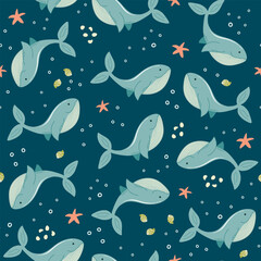 Seamless pattern with hand drawn whales, shells, starfishes. Cute Summer background, beach vacation. Vector illustration for textile, scrapbook, wrapping paper, baby nursery decor.