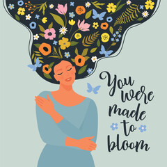 Woman with flowers in hair closed eyes and hugs herself. Vector illustration