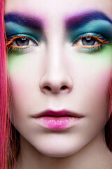 Eye Makeup. Beautiful colored Eyes Make-up. Holiday Makeup detail. False Lashes