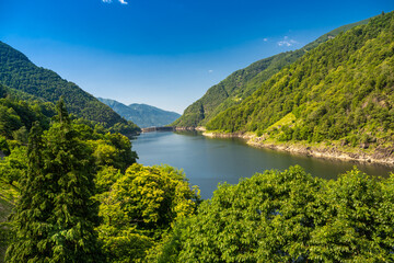 Lago di Vogorno lake, reservoir in the Verzasca valley, Ticino, Switzerland, Europe