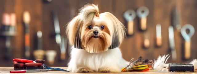 dog grooming, hairdressing salons for cutting and trimming the hair of pets, banner made with Generative AI